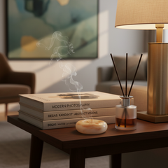 Premium onyx marble ash tray in a Living room with a coffee table featuring books, a diffuser, and a lamp.