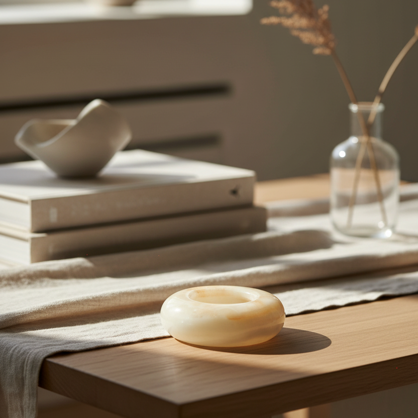 Wooden table with Luxury onyx marble ash tray, books, and a vase in a warm indoor setting.