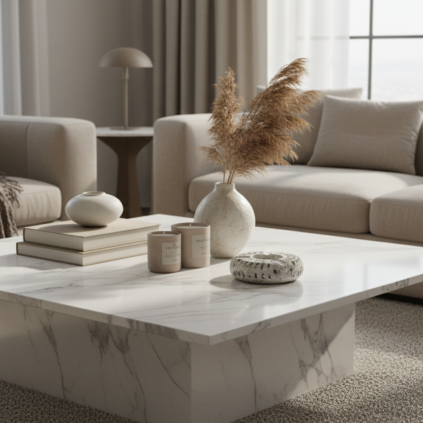 Luxury Soapstone Ash Tray Modern living room with beige sofas, a marble coffee table, and decorative items.