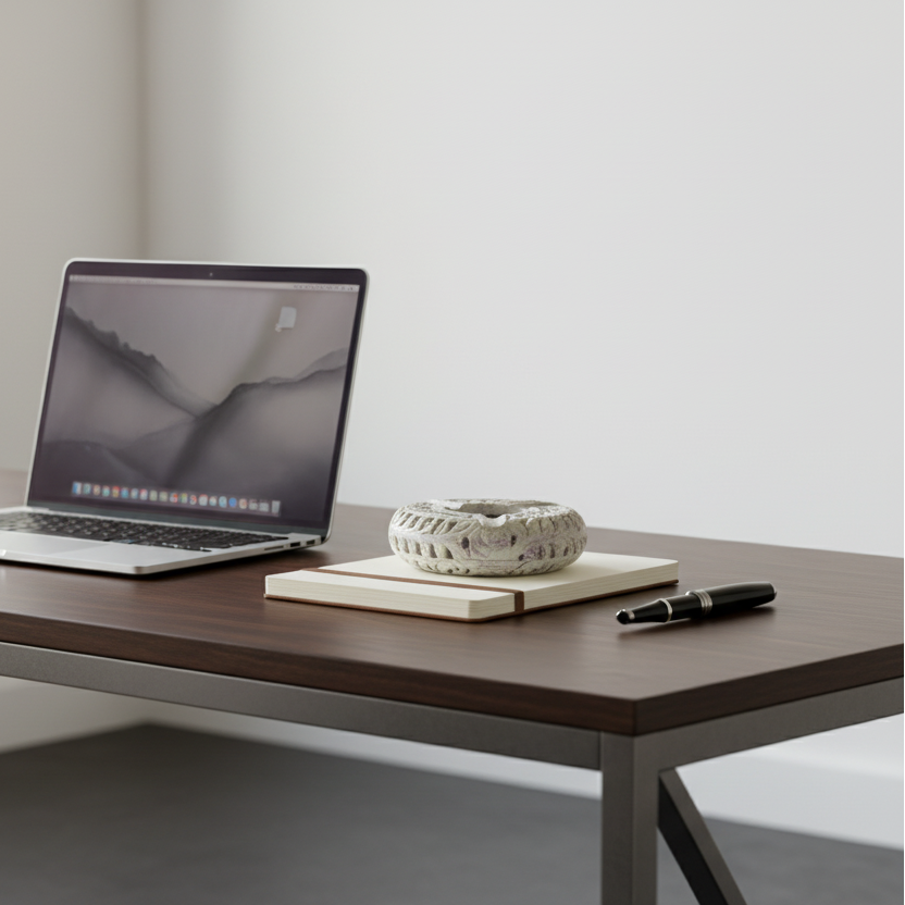 Premium Hand-Carved Soapstone Ash Tray Laptop on a wooden desk with a notebook and pen, in a bright room.