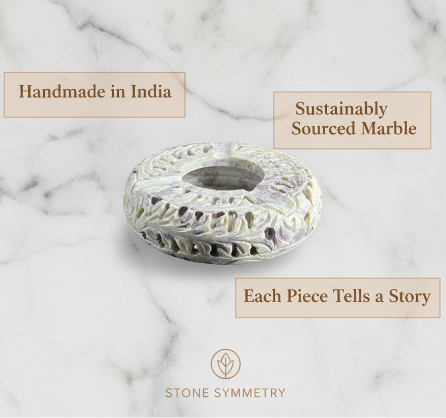 Premium Soapstone Ash Tray marble background with text about its origin and sustainability.