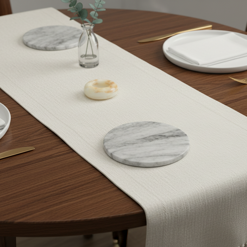 Premium Luxury onyx marble ash tray on a Dining table set with marble plates, and gold cutlery on a white runner.