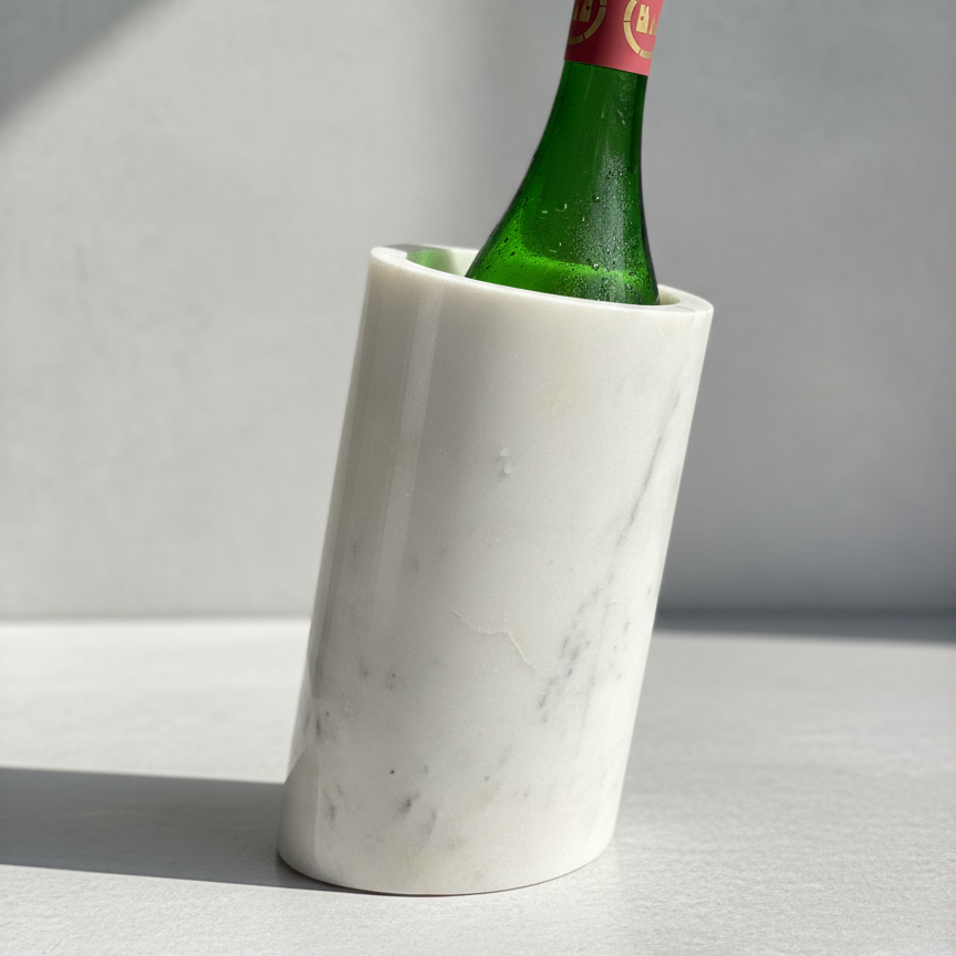 Premium white marble wine chiller bucket holding a chilled wine bottle on a minimalist surface