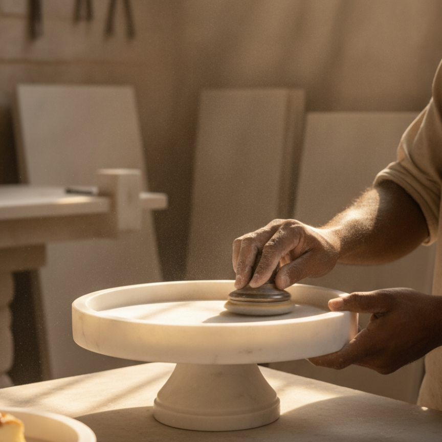 Handcrafted White Marble Cake Stand Made by Skilled Artisan