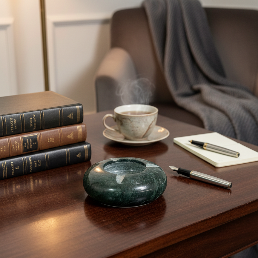 Premium Green Marble Ashtray with a Tea cup with steam, books, and pen on a wooden table.