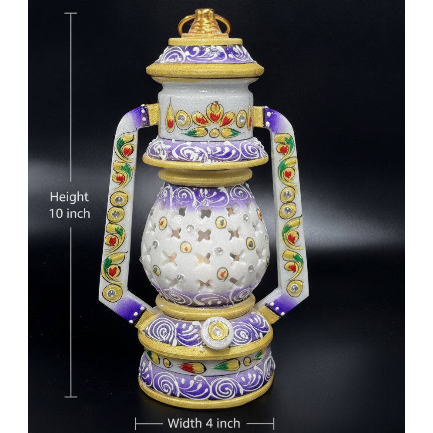 Handcrafted marble lantern with intricate floral artwork on a black background with height and width measurement annotations.
