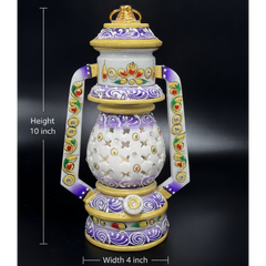 Handcrafted marble lantern with intricate floral artwork on a black background with height and width measurement annotations.