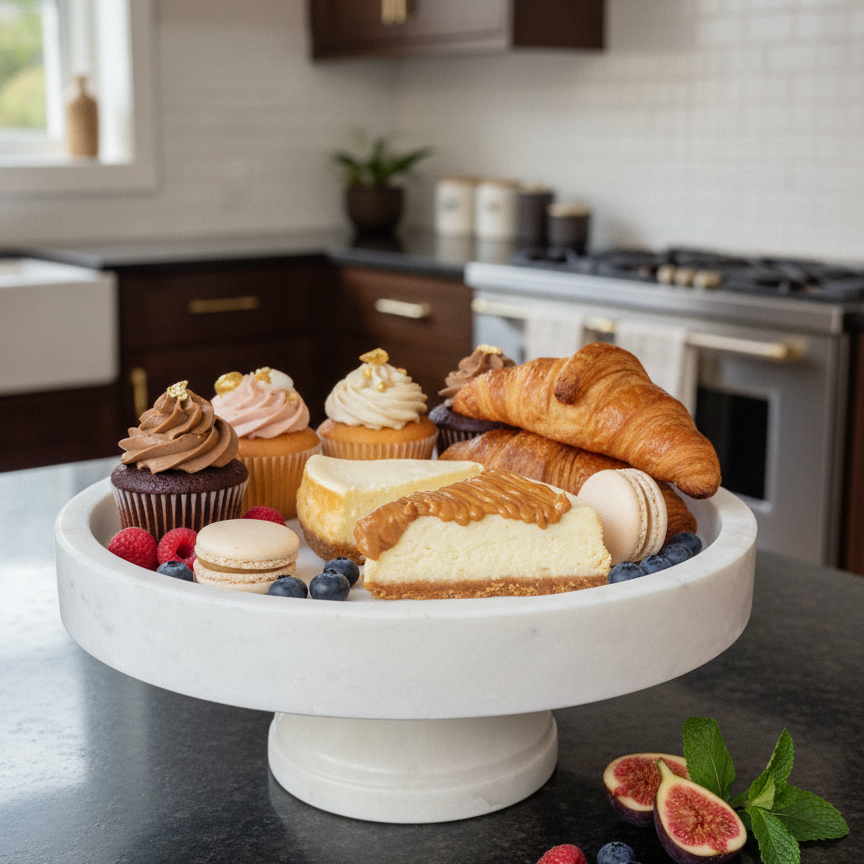 Premium White Marble Cake Stand with Cakes, Cupcakes and Pastries