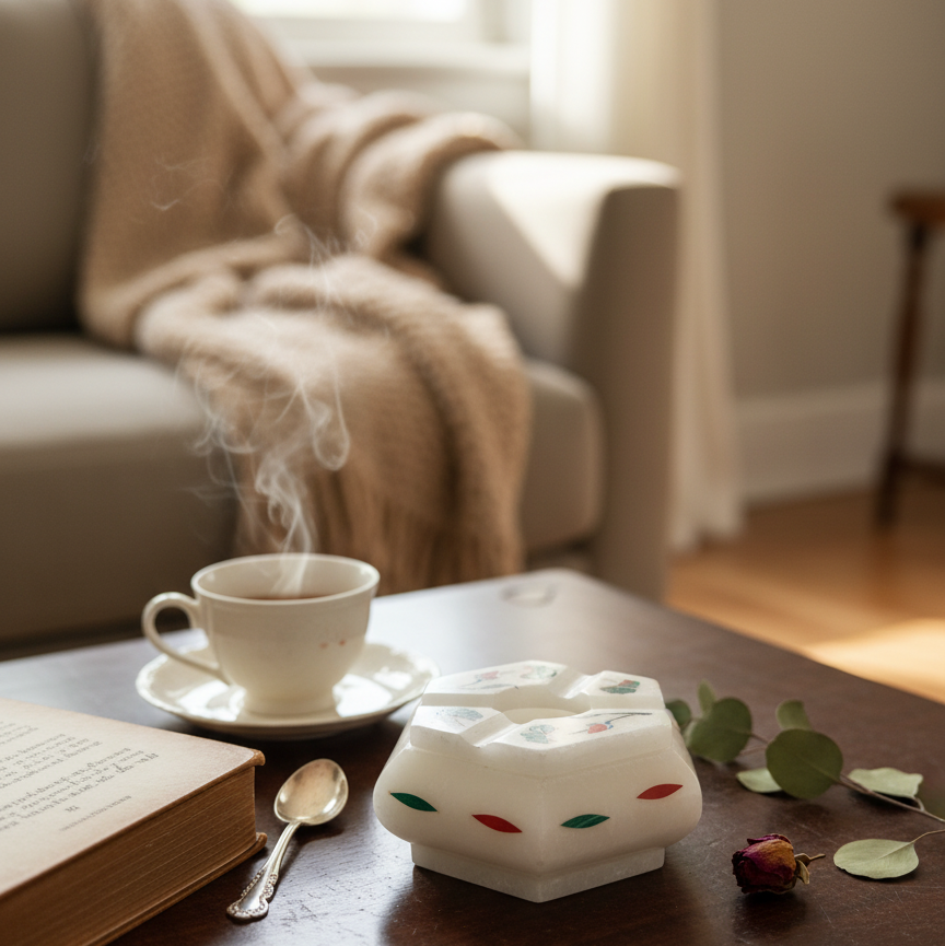 Luxury marble ash tray displayed on elegant coffee table decor