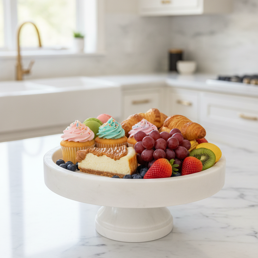 Luxury White Marble Cake Stand Styled as a Fruit and Dessert Serving Platter