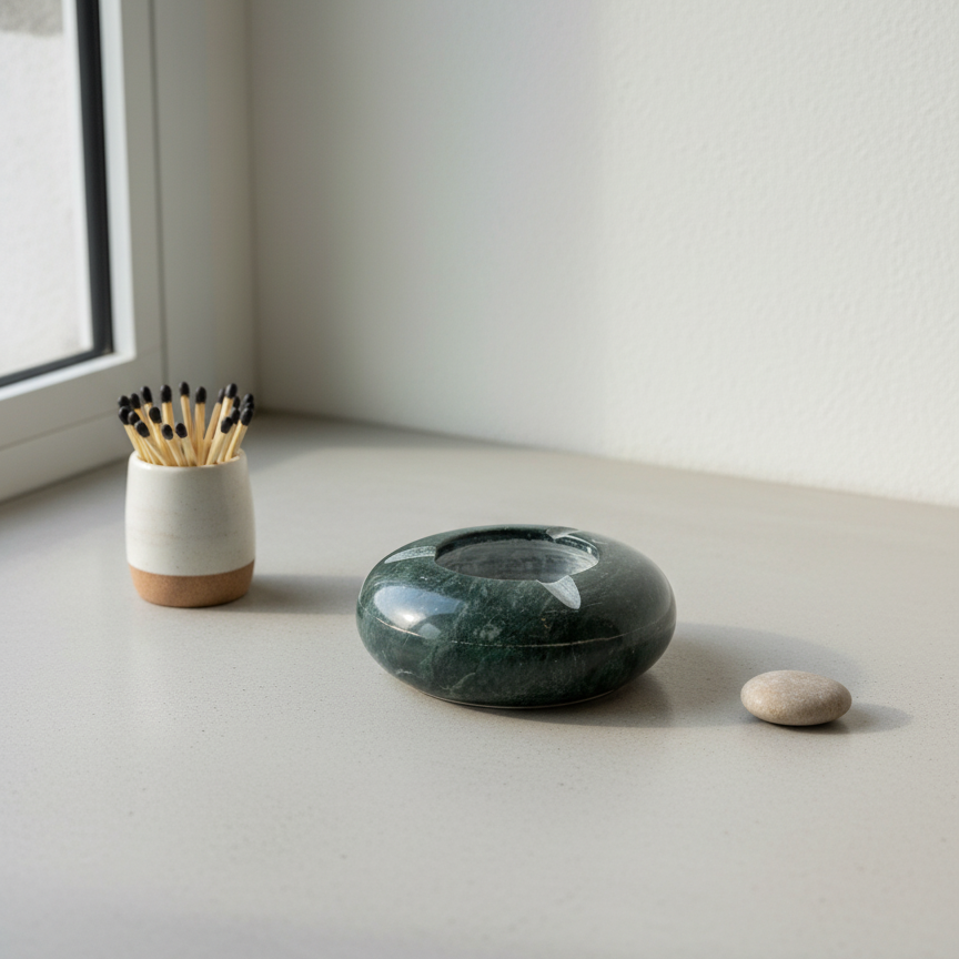 Green marble ashtray placed on a minimalist windowsill with natural lighting