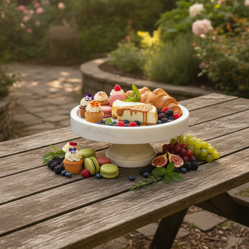 Premium White Marble Cake Stand for Outdoor Garden Dessert Table set on a rustic wooden picnic table outdoors with a blurred garden background.