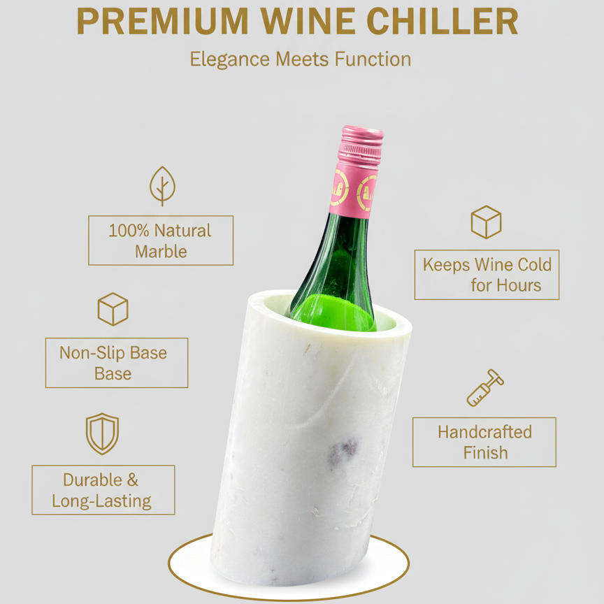 Premium marble wine chiller infographic highlighting handcrafted quality and natural cooling properties
