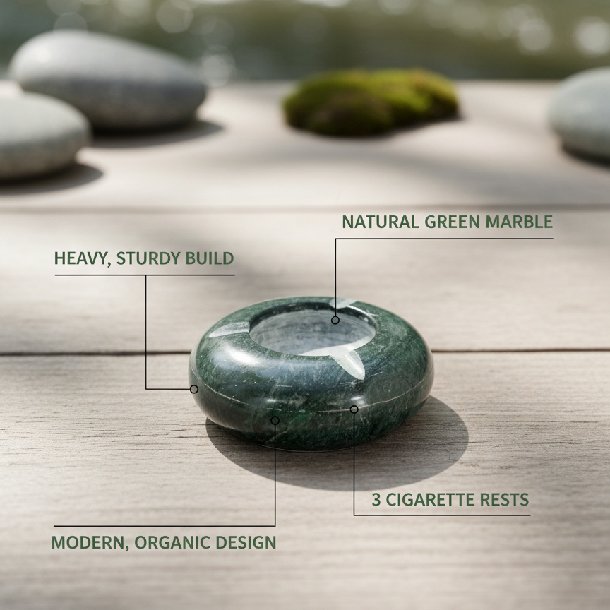 Premium green marble ashtray with feature highlights and natural stone details