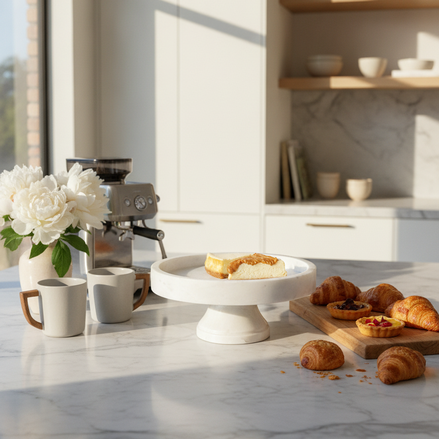 Elegant White Marble Cake Stand with Breakfast and Dessert Setup