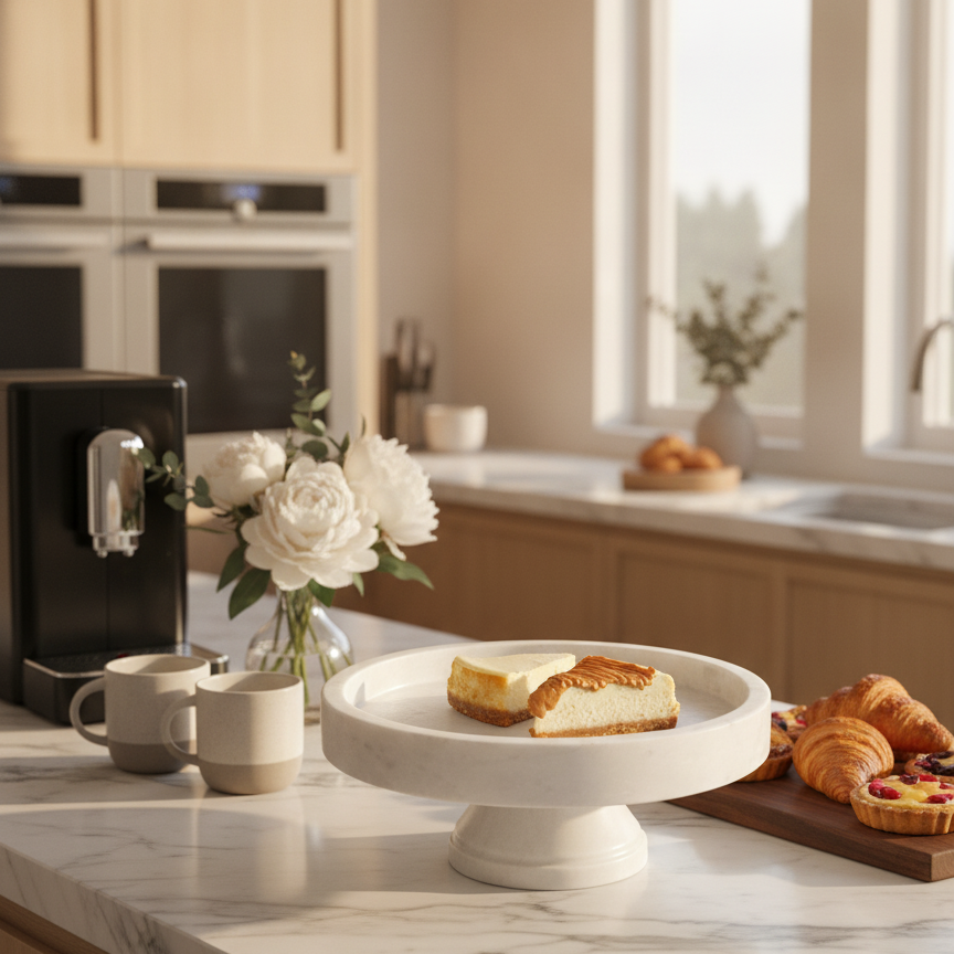Luxury White Marble Cake Stand on Modern Kitchen Countertop