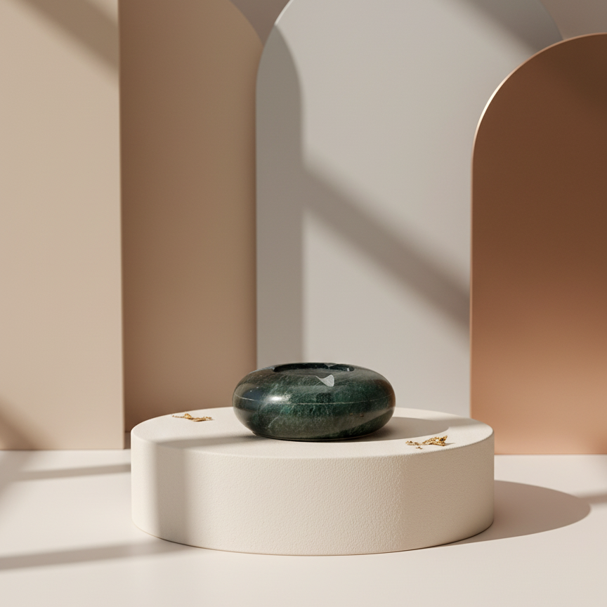 Green marble ashtray on a wooden tabletop with soft natural lighting