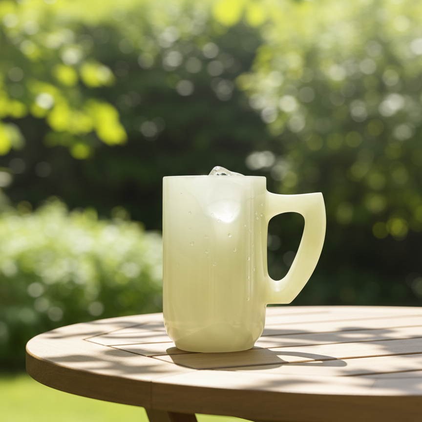Natural onyx beer mug on outdoor wooden table