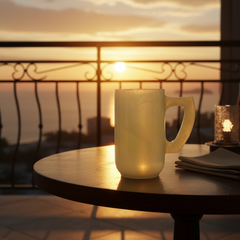 Luxury natural onyx beer mug sits on a round wooden table on a balcony at sunset, with a railing and city skyline in the background.