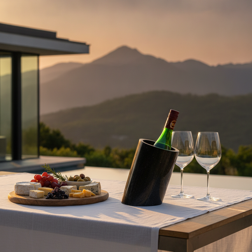 Black marble wine chiller with wine bottle on an outdoor dining table overlooking a mountain sunset.