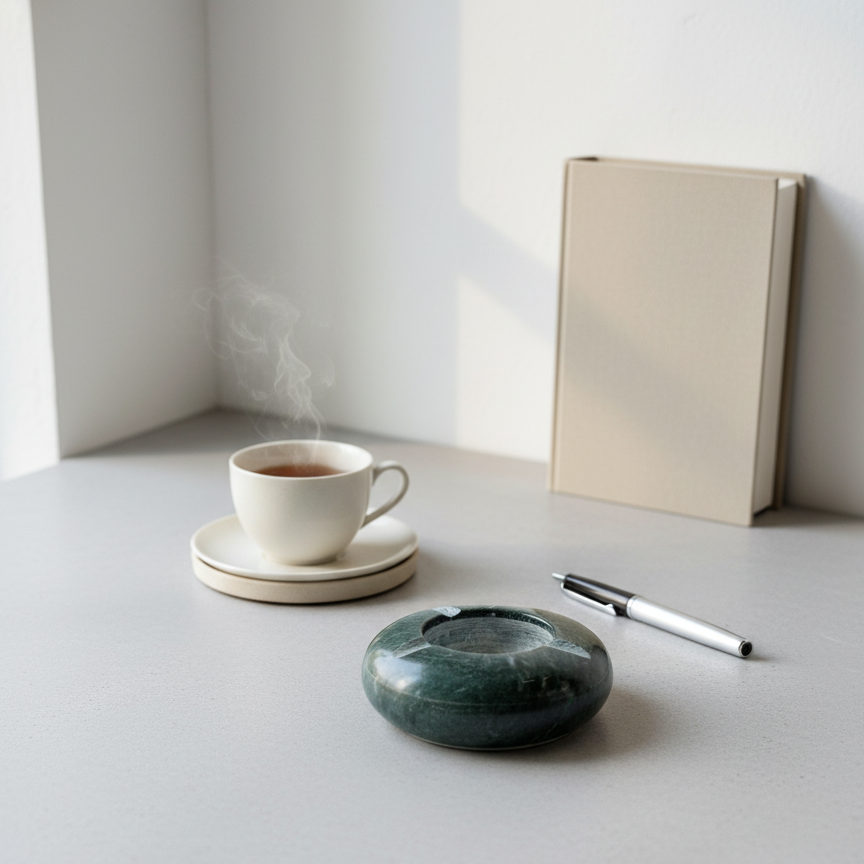 Luxury green marble ashtray displayed on a wooden console table with a Cup of coffee on a saucer and a notebook and pen