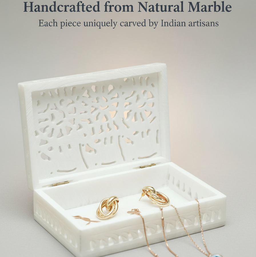 Natural Soapstone Jali Jewellery Box Handmade by Indian Artisans