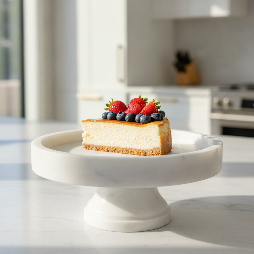 Premium White Marble Cake Stand with Cheesecake in Modern Kitchen