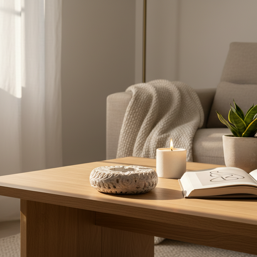 Soapstone Ash Tray in a Living room with a wooden coffee table, candle, and open book.