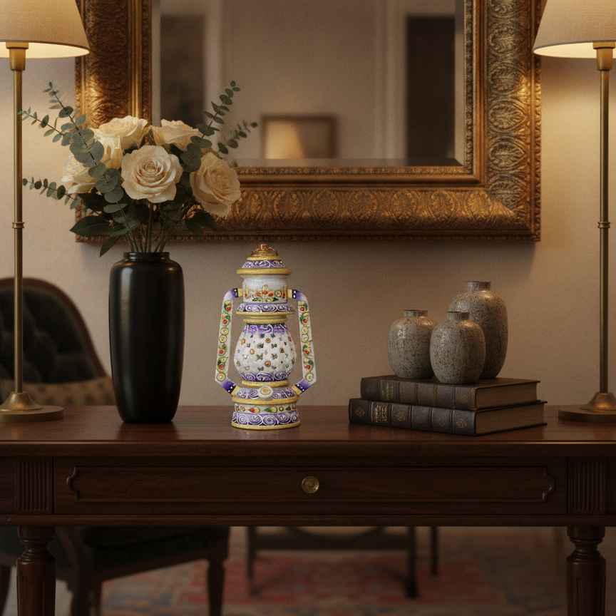 Decorative hand-painted marble lantern displayed on an elegant entryway console table.