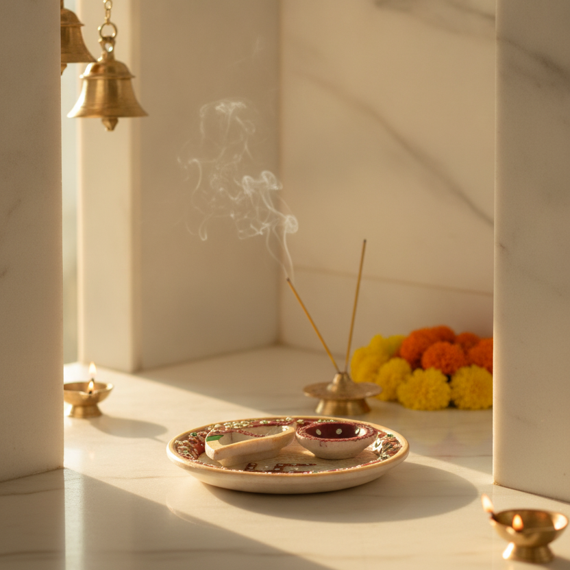 Premium Marble Pooja Thali with Incense Holder for Daily Hindu Worship