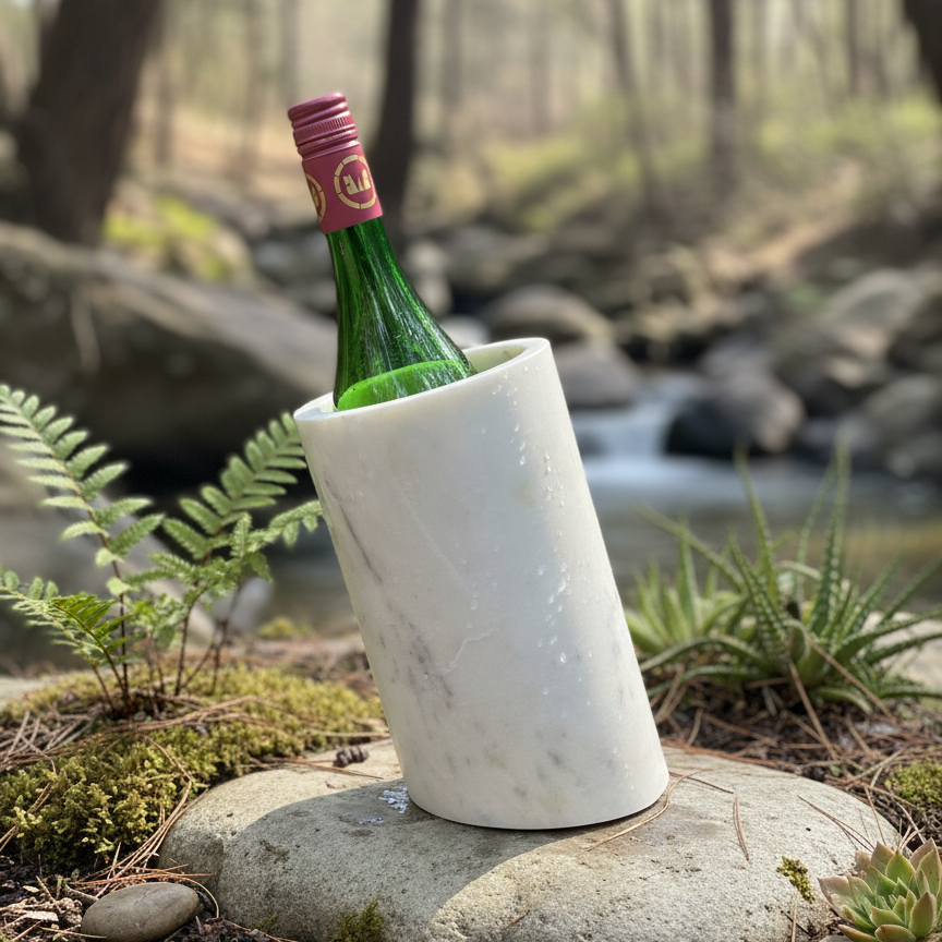 Elegant marble wine cooler placed outdoors showcasing natural stone craftsmanship