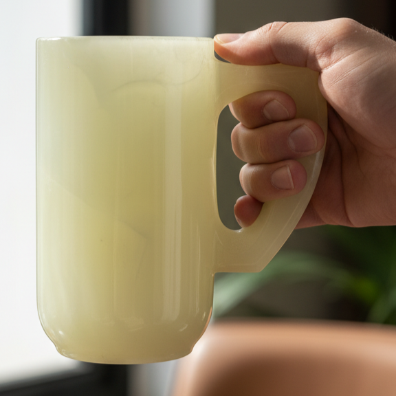 A hand holding onyx beer mug with a thick handle, set against a softly blurred indoor background.