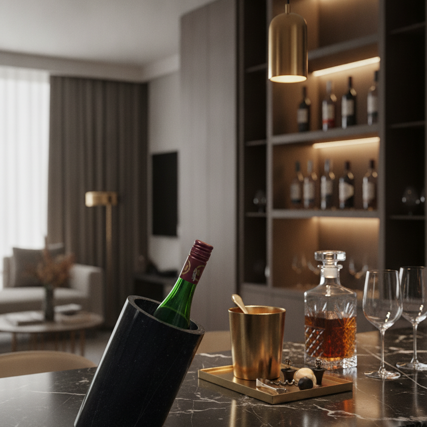 Luxury black marble wine chiller in a modern home bar with whiskey decanters and wine glasses.