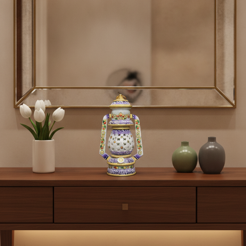 Decorative marble lantern styled on a luxury console table with modern home décor.