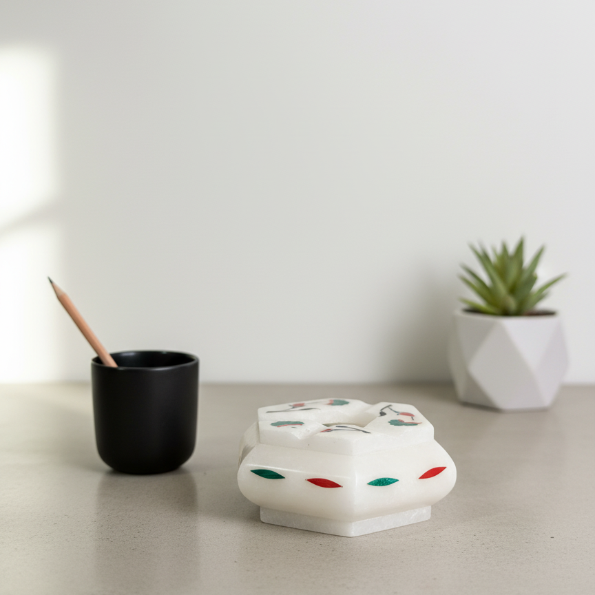 Handcrafted hexagonal marble inlay ash tray with floral stone craftsmanship
