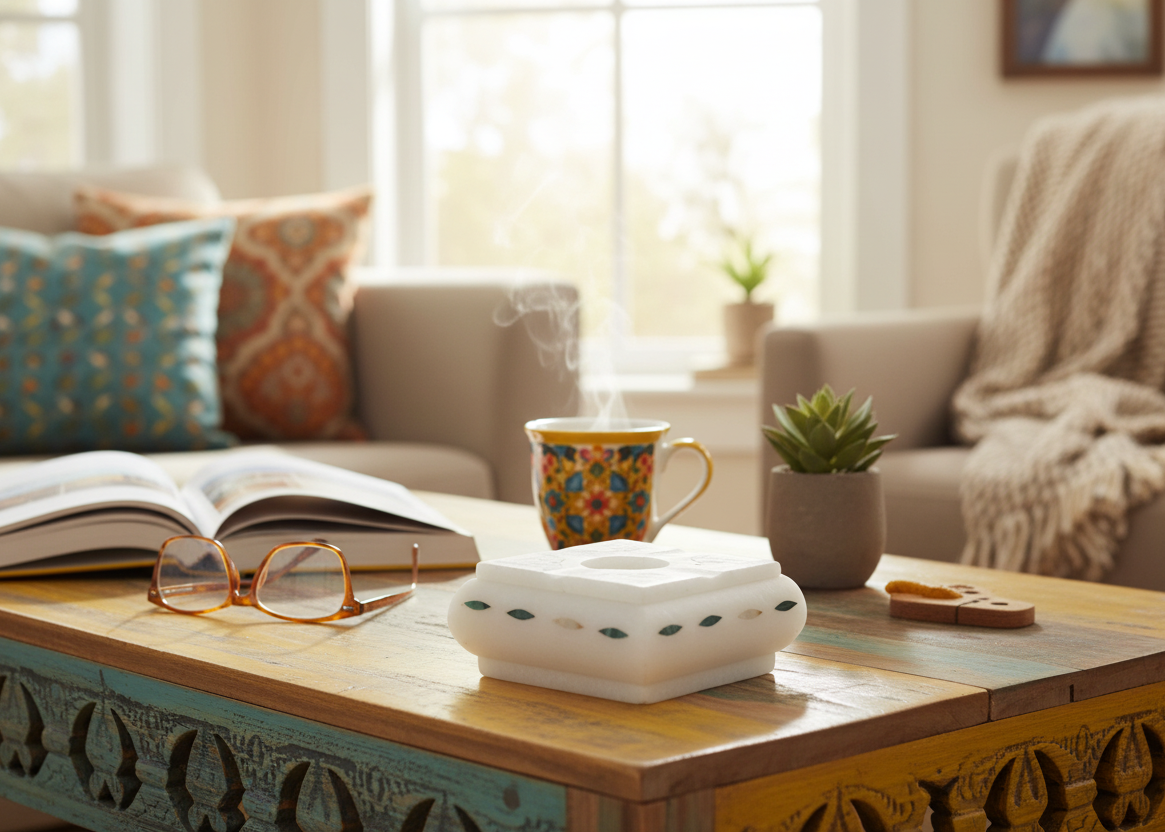 Natural marble inlay ash tray in Living room with a coffee table featuring a book, mug, glasses, and small plant.