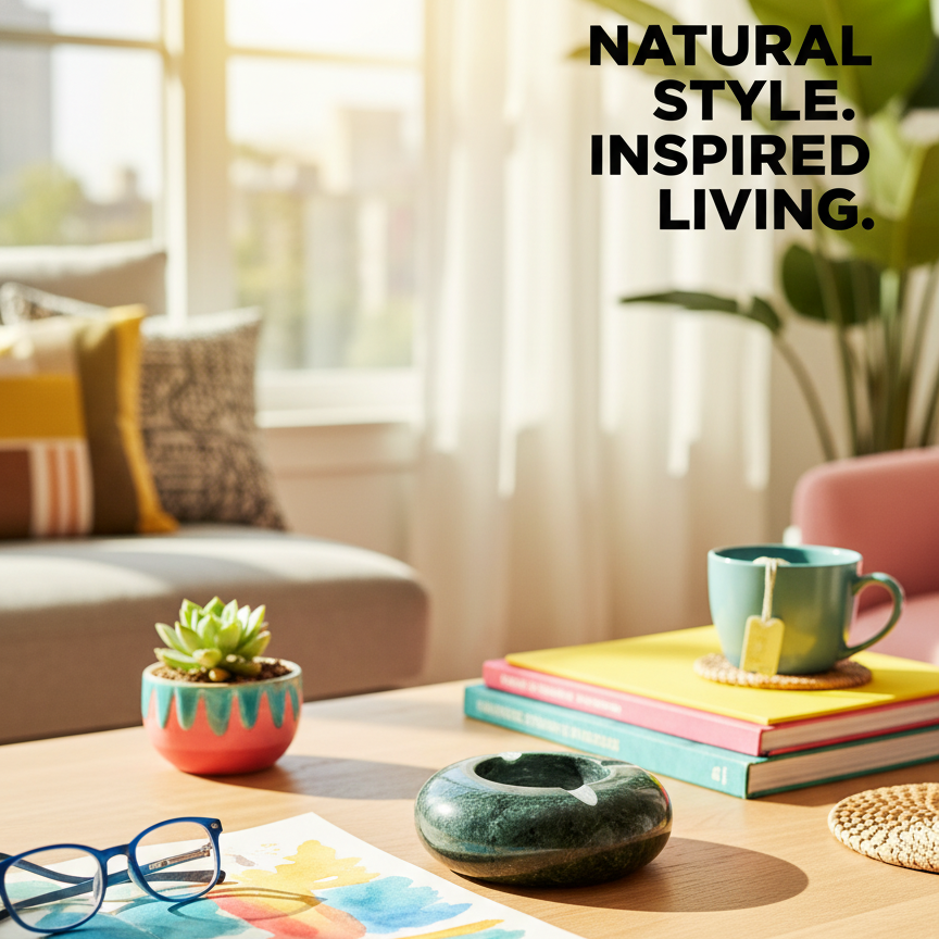 Luxury green marble ashtray displayed on a wooden console table in a Living room with a table featuring books, a cup, and a plant