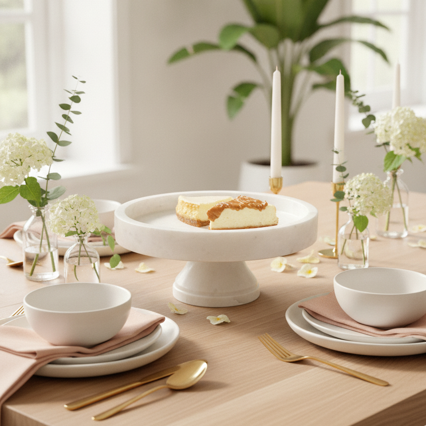 A beautifully styled dining table set with white marble cake stand holding a slice of cheesecake. The scene is set in a bright, modern dining room.