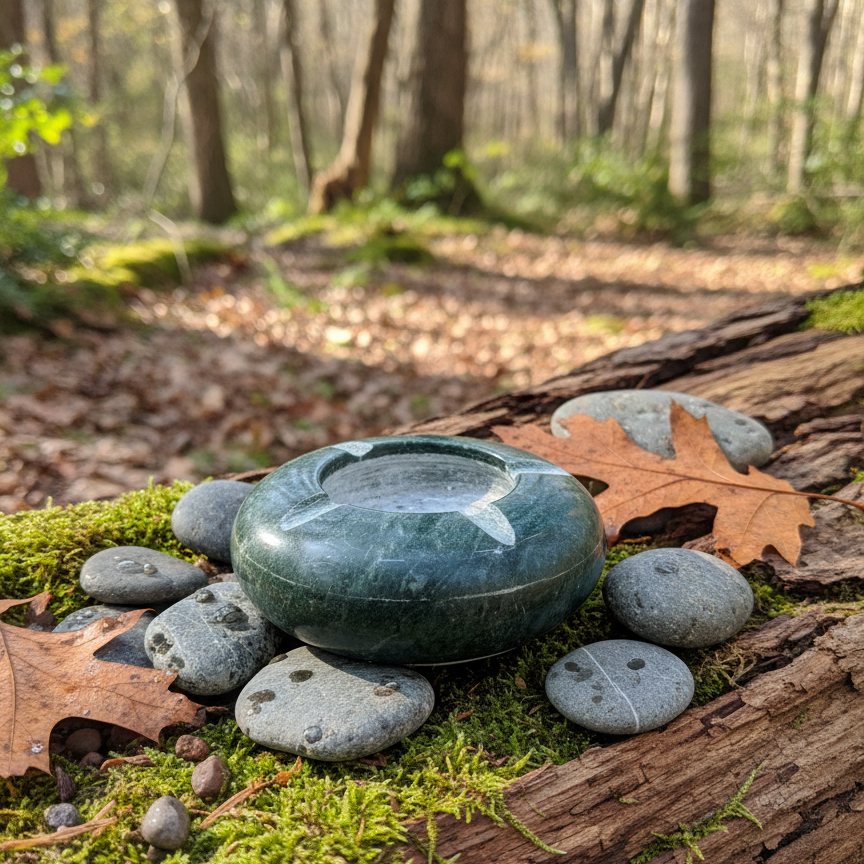 Handmade green marble ashtray displayed outdoors on natural stones