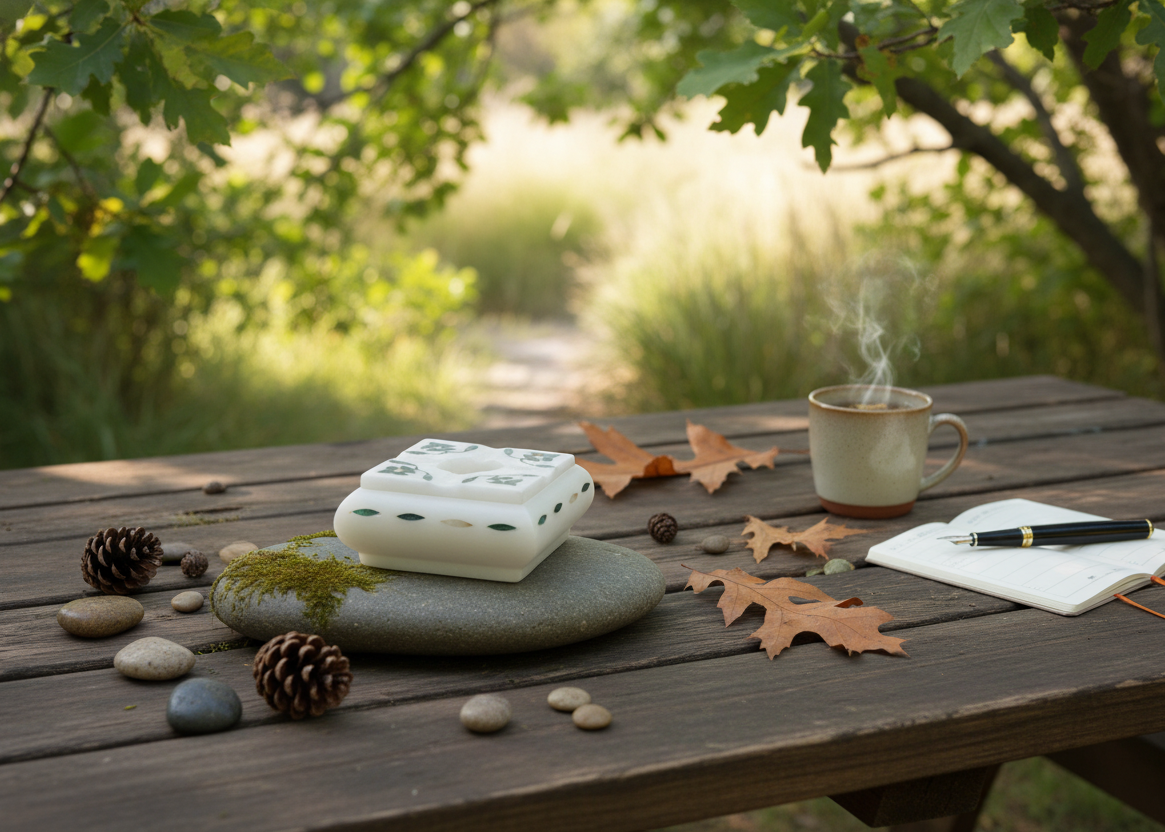 Modern marble ash tray for cigars cigarettes in Outdoor setting with a wooden table, mug, notebook, and decorative items.