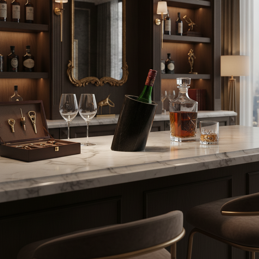 Premium black marble wine chiller on a luxury marble bar countertop with elegant glassware.