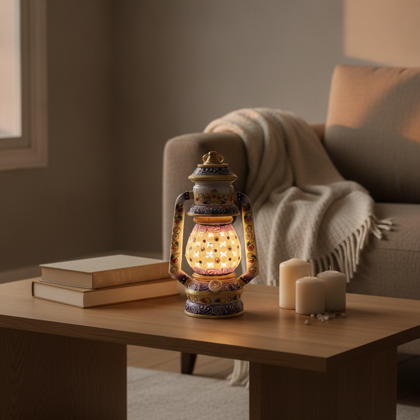 Illuminated marble lantern on a wooden coffee table beside books and decorative accents.