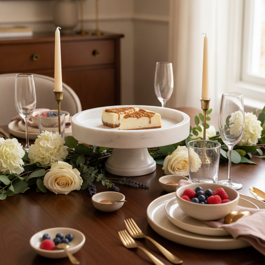 Elegant White Marble Cake Stand Styled for Breakfast and Tea Table Setting