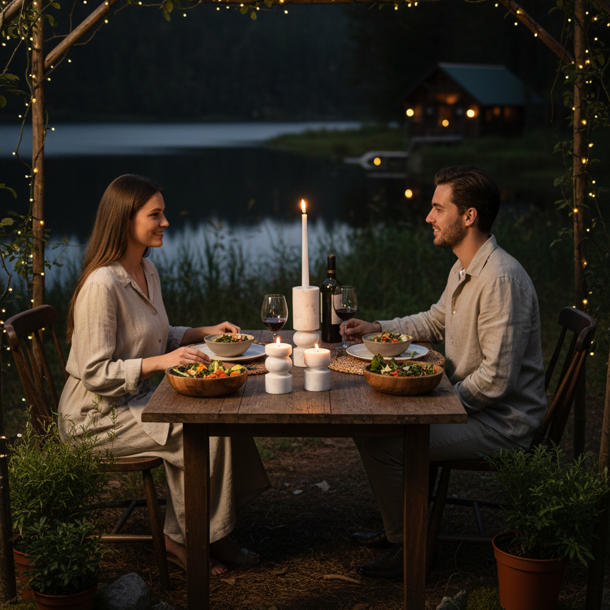 Banswara marble candle holder with lit candles creating an intimate outdoor dining setting for two