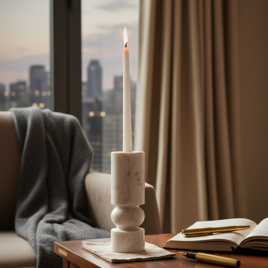 Banswara marble candle holder with a lit taper candle sits on a wooden side table in a cozy living room setting with a window view, curtains, a sofa with a throw blanket, and an open book.