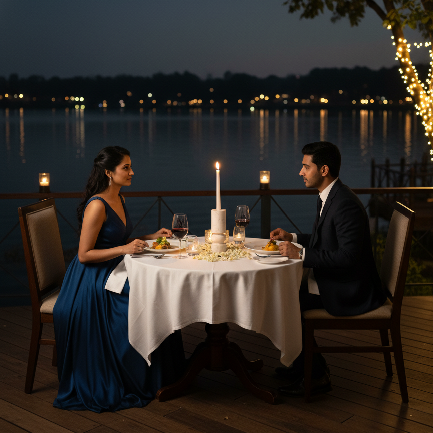 Banswara marble candle holder with lit candles on an elegant outdoor dinner table overlooking the water