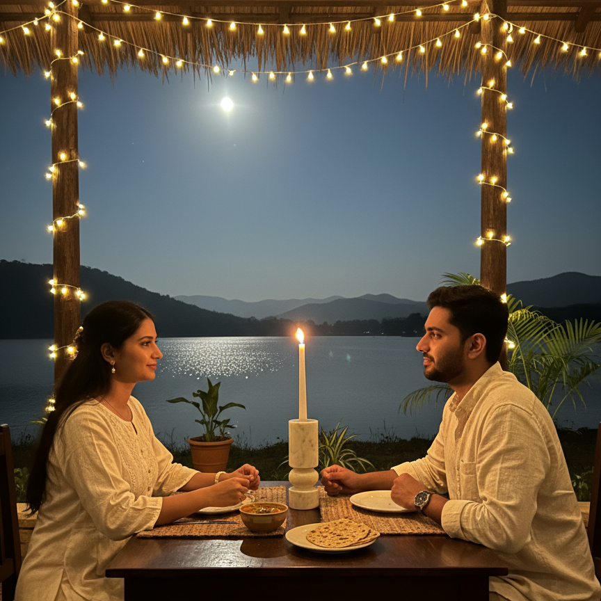 Banswara marble candle holder with lit candles at a romantic outdoor dinner under string lights