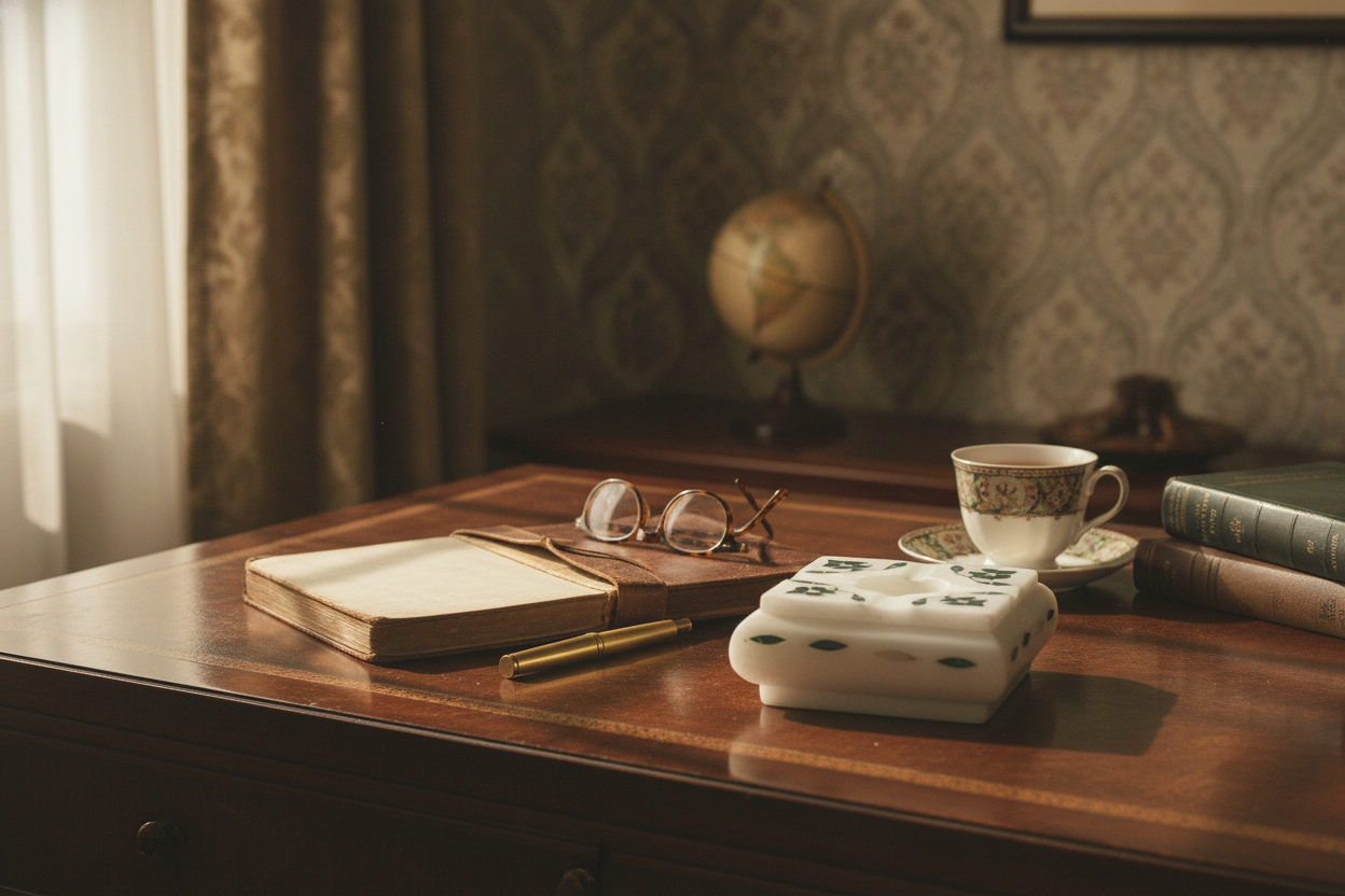 Modern marble ash tray for cigars cigarettes on Wooden desk with a teacup, books, and decorative items in a warm, vintage setting