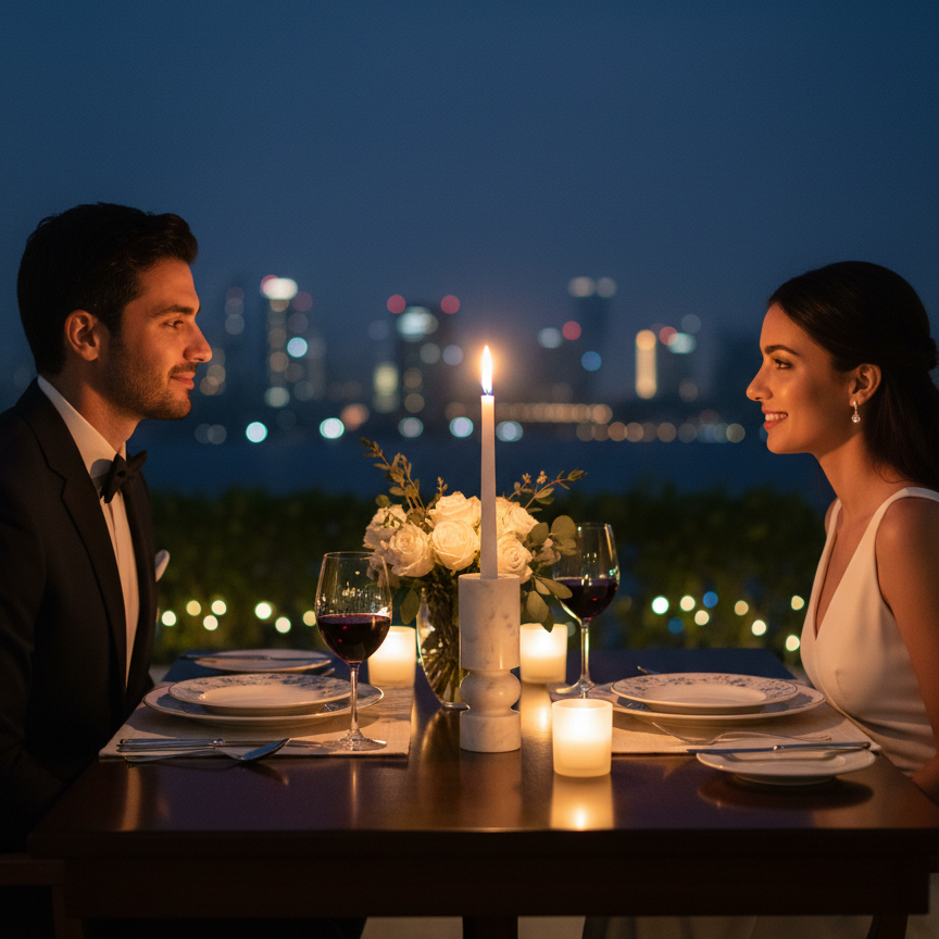 Banswara marble candle holder with lit candles creating an elegant romantic dinner setting at night