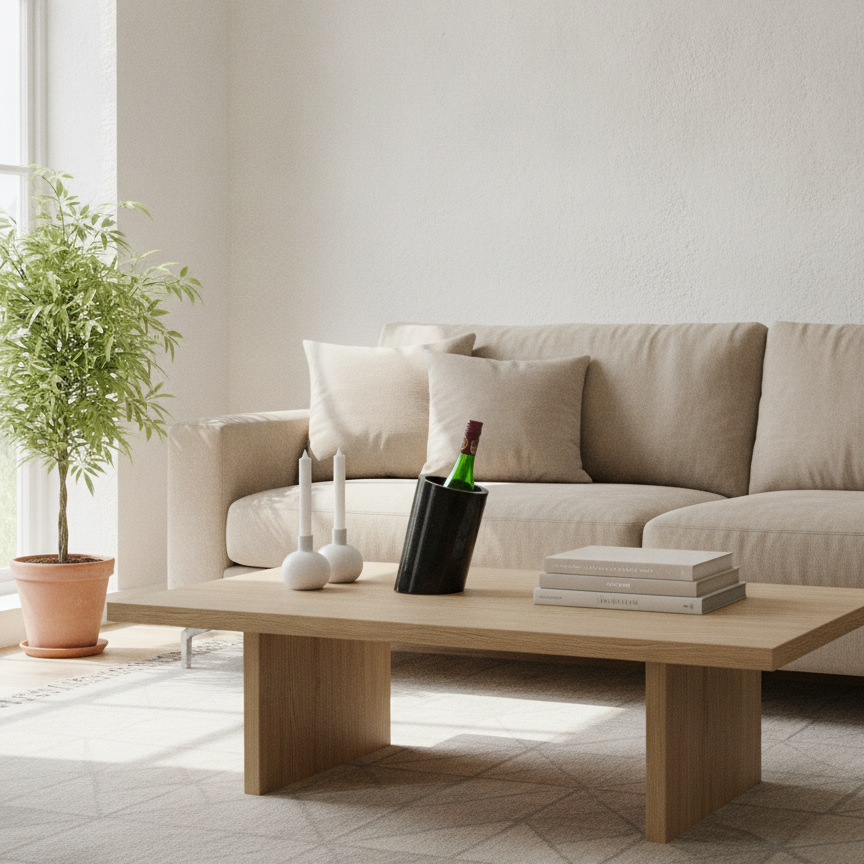Black marble wine chiller displayed on a minimalist living room coffee table with modern décor.